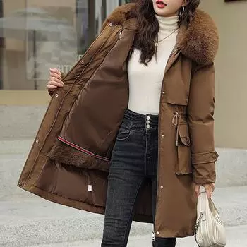 Женская модная повседневная однотонная хлопковая куртка с капюшоном и плюшевой застежкой-молнией и пуговицами средней длины с длинными рукавами M хаки