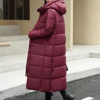 Женская модная повседневная однотонная хлопковая куртка с капюшоном средней длины и длинными рукавами на молнии и пуговицах M винный
