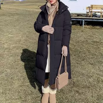 Женская модная повседневная однотонная хлопковая куртка с капюшоном средней длины и длинными рукавами на молнии и пуговицах чёрный