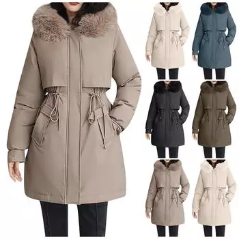 Женская модная повседневная однотонная хлопковая куртка с капюшоном и плюшевой застежкой-молнией и пуговицами средней длины с длинными рукавами M чёрный