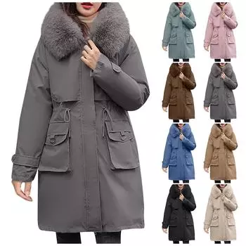 Женская модная повседневная однотонная хлопковая куртка с капюшоном и плюшевой застежкой-молнией и пуговицами средней длины с длинными рукавами XL хаки