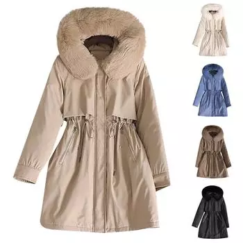 Женская модная повседневная однотонная хлопковая куртка с капюшоном и плюшевой застежкой-молнией и пуговицами средней длины с длинными рукавами L бежевый