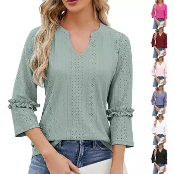 Женская модная повседневная однотонная кружевная футболка с V-образным вырезом и рукавом 3/4 L чёрный