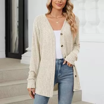 Женская модная повседневная однотонная куртка-кардиган на пуговицах с длинными рукавами L бежевый