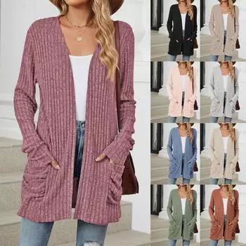 Женская модная повседневная однотонная куртка-кардиган с карманами и длинными рукавами L армия зеленый