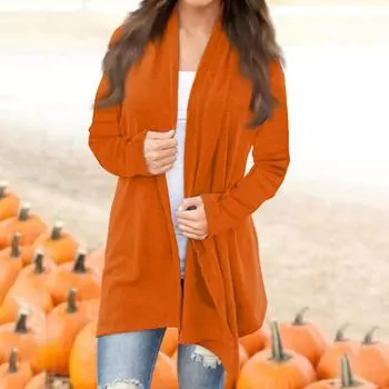 Женская модная повседневная однотонная куртка-кардиган средней длины с длинными рукавами M киноварь