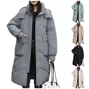 Женская модная повседневная однотонная куртка-пальто с капюшоном и застежкой-молнией, средней длины, с длинным рукавом из хлопка M чёрный