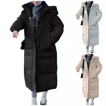 Женская модная повседневная однотонная куртка-пальто средней длины с длинными рукавами и отстегивающимся капюшоном на пуговицах из хлопка M чёрный