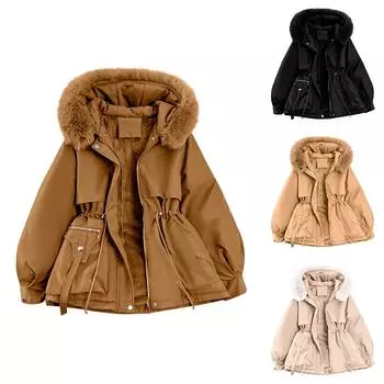 Женская модная повседневная однотонная куртка с капюшоном и плюшевой длинной рукавой на молнии и пуговицах из хлопка L чёрный