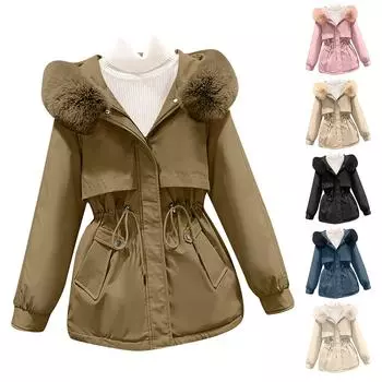 Женская модная повседневная однотонная куртка с капюшоном и плюшевой длинной застежкой-молнией на пуговицы из хлопка M бежевый