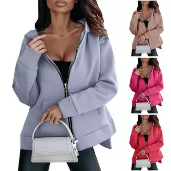 Женская модная повседневная однотонная куртка с карманом на молнии и длинным рукавом с капюшоном L