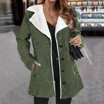 Женская модная повседневная однотонная куртка с плюшевыми лацканами средней длины с длинными рукавами L армия зеленый
