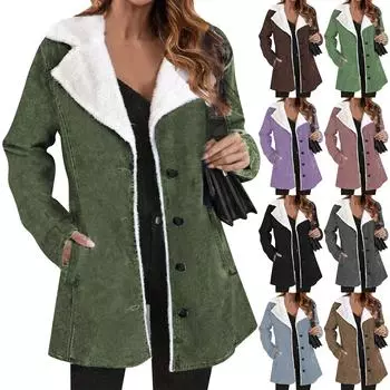 Женская модная повседневная однотонная куртка с плюшевыми лацканами средней длины с длинными рукавами L армия зеленый