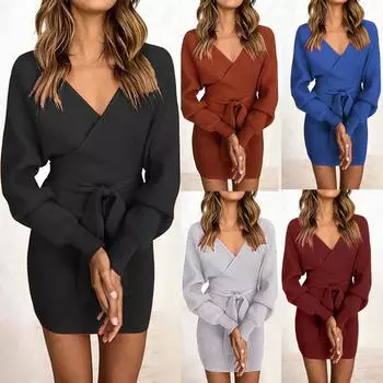 Женская модная повседневная однотонная однотонная однотонная поясная сумка с открытой спиной и v-образным вырезом, сумка на бедрах, облегающее платье до колена с длинными рукавами M чёрный