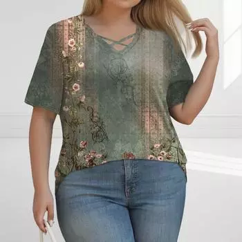 Женская модная повседневная однотонная полосатая футболка с V-образным вырезом и коротким рукавом большого размера L армия зеленый