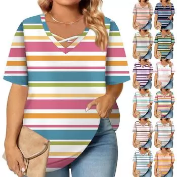 Женская модная повседневная однотонная полосатая футболка с V-образным вырезом и коротким рукавом большого размера L синий