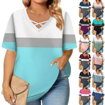 Женская модная повседневная однотонная полосатая футболка с V-образным вырезом и коротким рукавом большого размера L