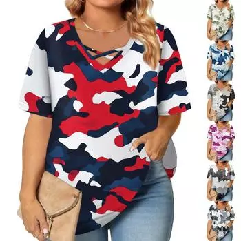 Женская модная повседневная однотонная полосатая футболка с V-образным вырезом и коротким рукавом большого размера L армия зеленый