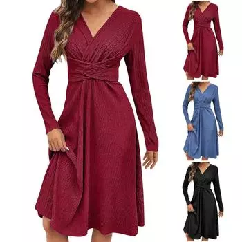 Женская модная повседневная однотонная пуловерная юбка трапециевидной формы с длинными рукавами и v-образным вырезом, сексуальное платье для похудения талии M чёрный