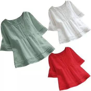 Женская модная повседневная однотонная рубашка из хлопка и конопли с короткими рукавами и круглым вырезом, футболка с вырезом L зелёный