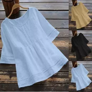 Женская модная повседневная однотонная рубашка из хлопка и конопли с короткими рукавами и круглым вырезом, футболка с вырезом