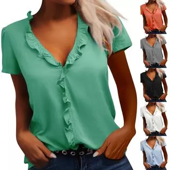 Женская модная повседневная однотонная рубашка с короткими рукавами и рюшами, футболка, топ