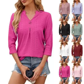 Женская модная повседневная однотонная свободная футболка с v-образным вырезом и рукавами 3/4 L чёрный