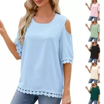 Женская модная повседневная однотонная свободная футболка с открытыми плечами и круглым вырезом, кружевная футболка с рукавами 3/4 L бежевый