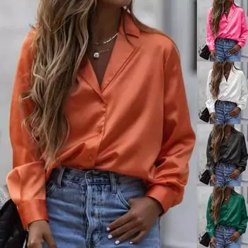 Женская модная повседневная однотонная свободная рубашка на пуговицах с длинным рукавом, топ L чёрный