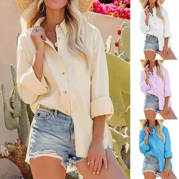 Женская модная повседневная однотонная свободная рубашка на пуговицах с длинным рукавом, топ M фиолетовый