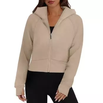 Женская модная повседневная однотонная толстовка с капюшоном и молнией, с длинными рукавами XL хаки