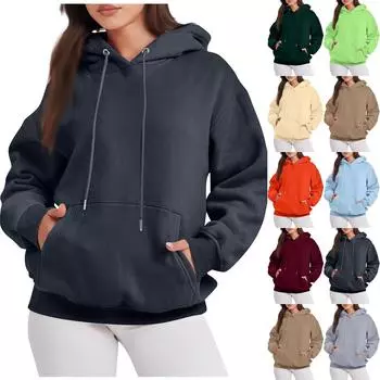 Женская модная повседневная однотонная толстовка с капюшоном и длинным рукавом с карманом L бежевый