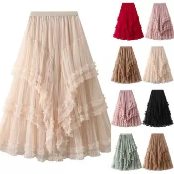 Женская модная повседневная однотонная юбка с высокой талией и оборками из сетки длиной до пола One Size бежевый