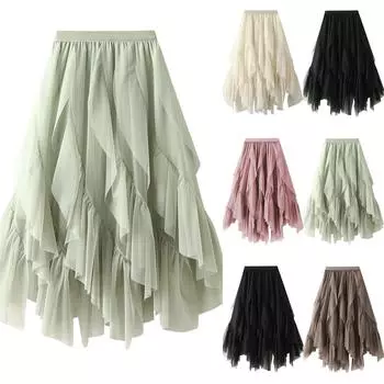 Женская модная повседневная однотонная юбка с высокой талией и оборками из сетки длиной до пола One Size бежевый