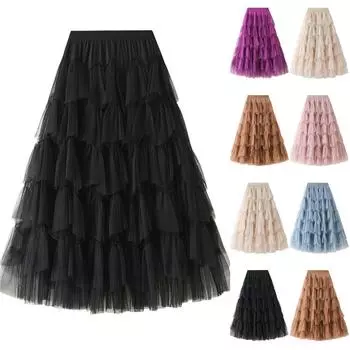 Женская модная повседневная однотонная юбка с высокой талией и оборками из сетки длиной до пола One Size бежевый