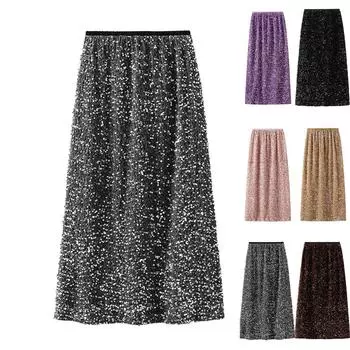 Женская модная повседневная однотонная юбка с высокой талией и крупными пайетками длиной до пола One Size чёрный