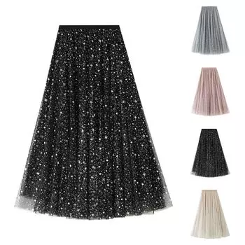 Женская модная повседневная однотонная юбка с высокой талией и оборками из сетки длиной до пола One Size бежевый