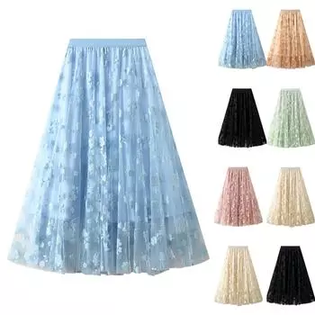 Женская модная повседневная однотонная юбка с высокой талией и оборками из сетки длиной до пола One Size бежевый