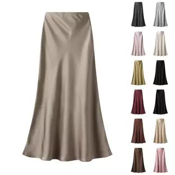 Женская модная повседневная однотонная юбка средней длины с высокой талией из тонкого блестящего шелка с фасоном «рыбий хвост» L бежевый