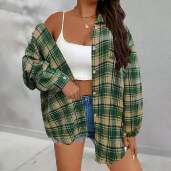 Женская модная повседневная осенне-зимняя клетчатая рубашка на пуговицах, верхнее пальто XL зелёный