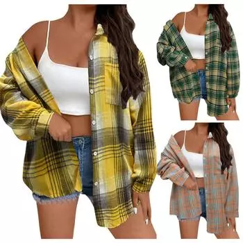 Женская модная повседневная осенне-зимняя клетчатая рубашка на пуговицах, верхнее пальто XL зелёный