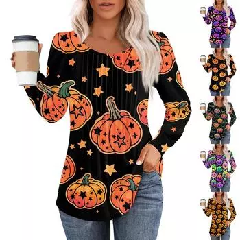 Женская модная повседневная плиссированная футболка с длинным рукавом с круглым вырезом и принтом на Хэллоуин S