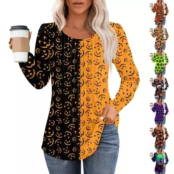 Женская модная повседневная плиссированная футболка с длинным рукавом с круглым вырезом и принтом на Хэллоуин XL оранжевый