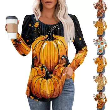 Женская модная повседневная плиссированная футболка с длинным рукавом с круглым вырезом и принтом на Хэллоуин M имбирный