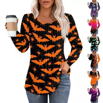 Женская модная повседневная плиссированная футболка с длинным рукавом с круглым вырезом и принтом на Хэллоуин XXL