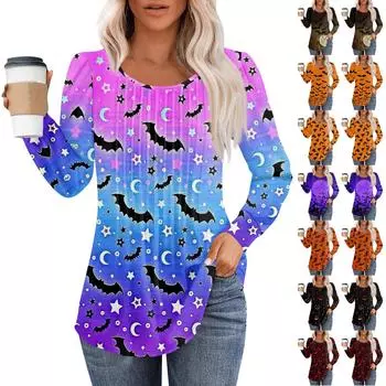 Женская модная повседневная плиссированная футболка с длинным рукавом с круглым вырезом и принтом на Хэллоуин XXXL шафрановый