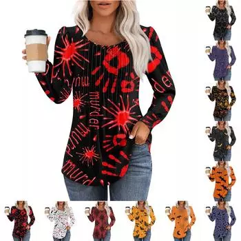 Женская модная повседневная плиссированная футболка с длинным рукавом с круглым вырезом и принтом на Хэллоуин XL чёрный