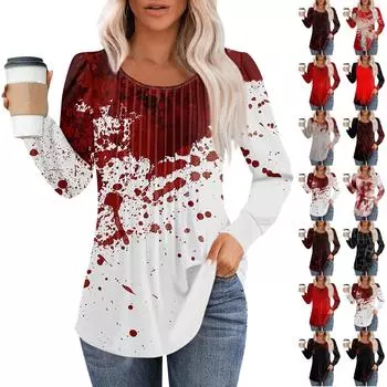 Женская модная повседневная плиссированная футболка с длинным рукавом с круглым вырезом и принтом на Хэллоуин XXL