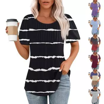 Женская модная повседневная плиссированная футболка с коротким рукавом в полоску с круглым вырезом и принтом, топ XXXL