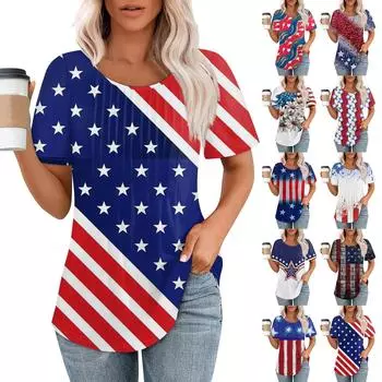 Женская модная повседневная плиссированная футболка с короткими рукавами и круглым вырезом с градиентным принтом L синий